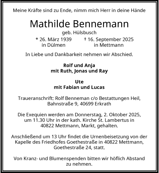 Traueranzeige von Mathilde Bennemann von Rheinische Post