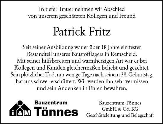 Traueranzeige von Patrick Fritz von Rheinische Post