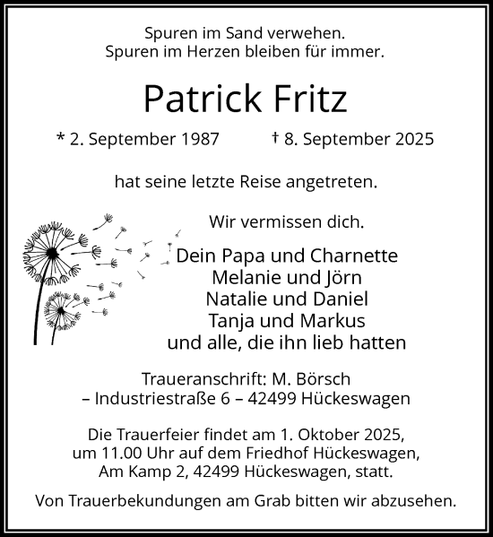 Traueranzeige von Patrick Fritz von Rheinische Post