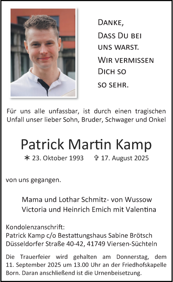 Traueranzeige von Patrick Martin Kamp von Rheinische Post