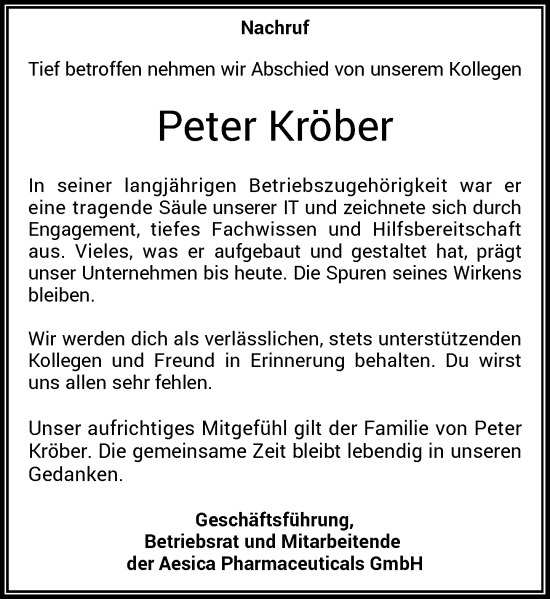 Traueranzeige von Peter Kröber von Rheinische Post