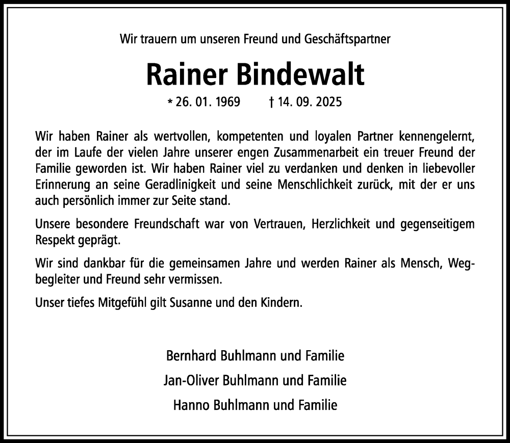  Traueranzeige für Rainer Bindewalt vom 27.09.2025 aus Rheinische Post