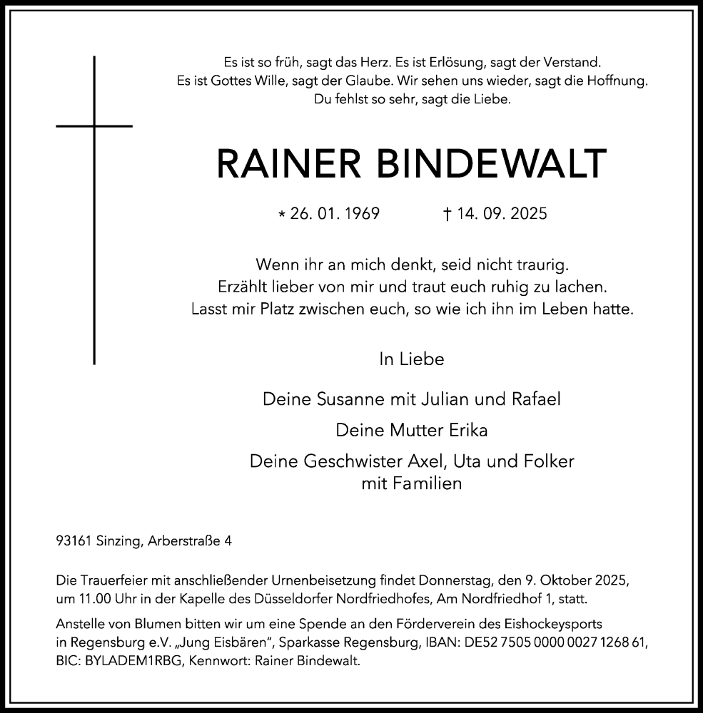  Traueranzeige für Rainer Bindewalt vom 27.09.2025 aus Rheinische Post