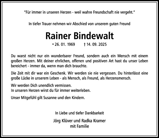 Traueranzeige von Rainer Bindewalt von Rheinische Post