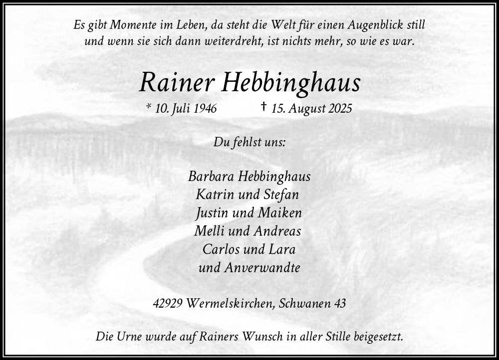  Traueranzeige für Rainer Hebbinghaus vom 13.09.2025 aus Rheinische Post