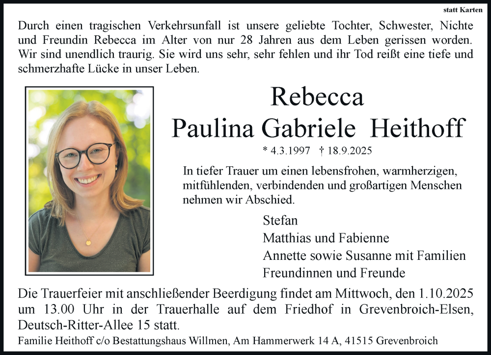  Traueranzeige für Rebecca Paulina Gabriele Heithoff vom 27.09.2025 aus Rheinische Post