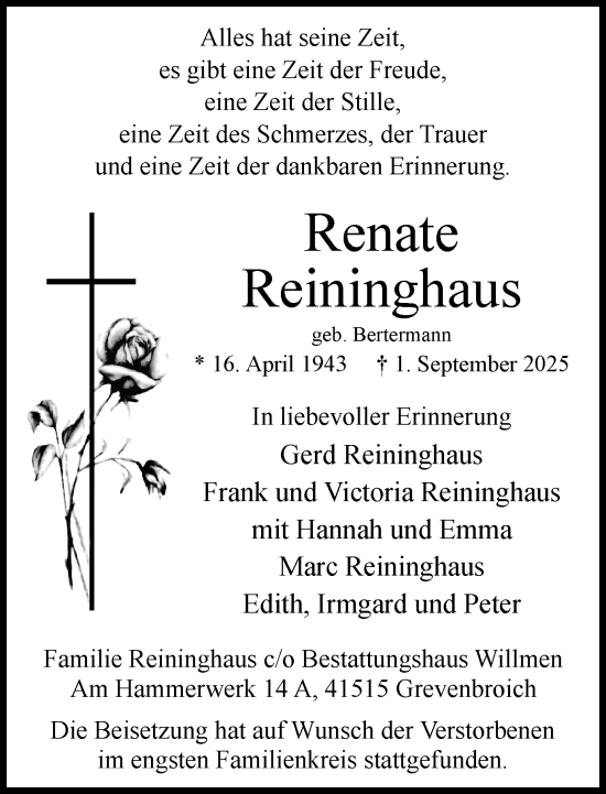 Traueranzeige von Renate Reininghaus von Rheinische Post