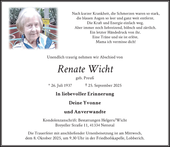 Traueranzeige von Renate Wicht von Rheinische Post