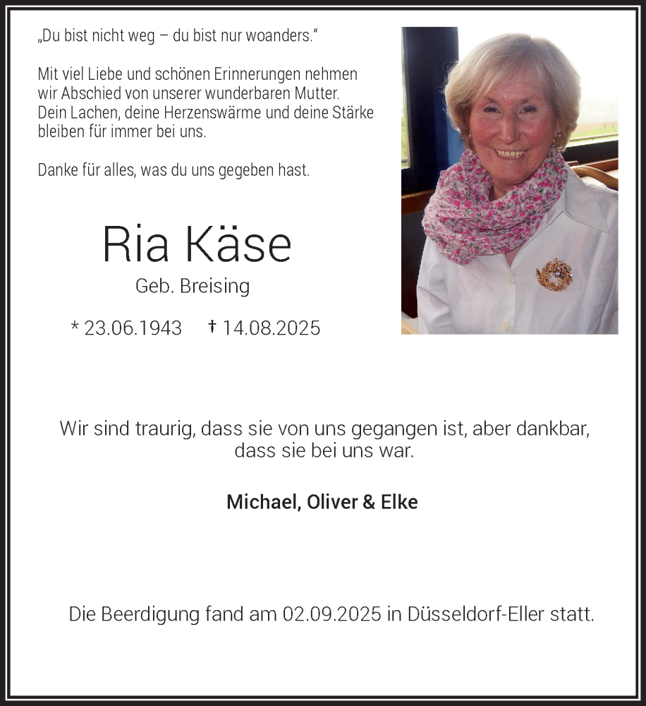  Traueranzeige für Ria Käse vom 06.09.2025 aus Rheinische Post