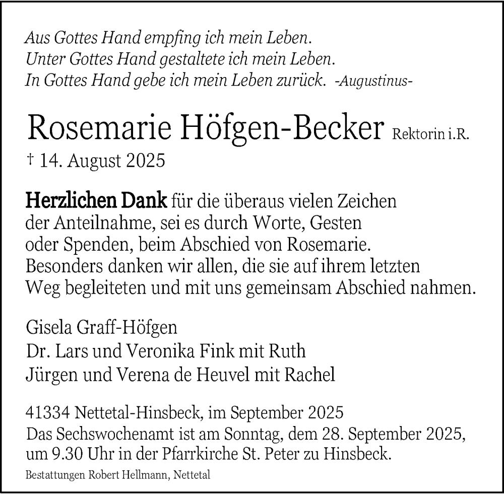  Traueranzeige für Rosemarie Hofgen-Becker vom 20.09.2025 aus Rheinische Post