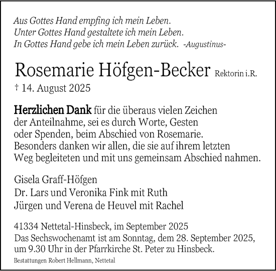 Traueranzeige von Rosemarie Hofgen-Becker von Rheinische Post