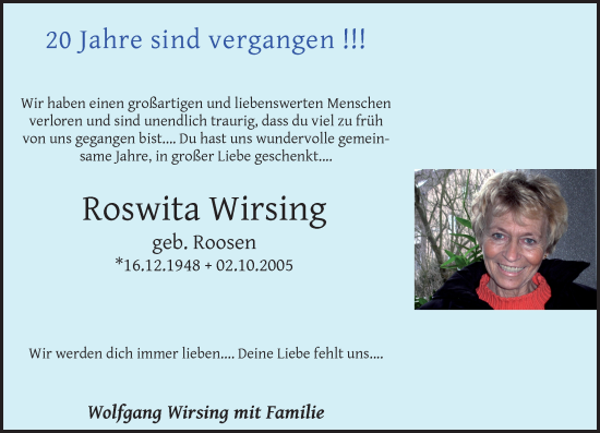 Traueranzeige von Roswita Wirsing von Rheinische Post