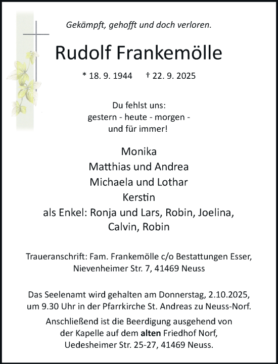Traueranzeige von Rudolf Frankemölle von Rheinische Post