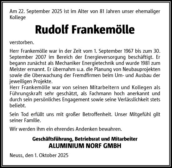 Traueranzeige von Rudolf Frankemölle von Rheinische Post