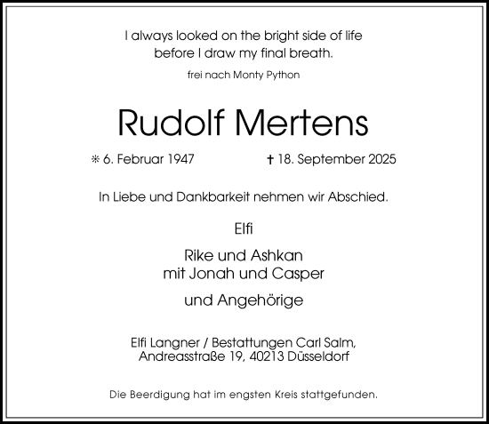 Traueranzeige von Rudolf Mertens von Rheinische Post