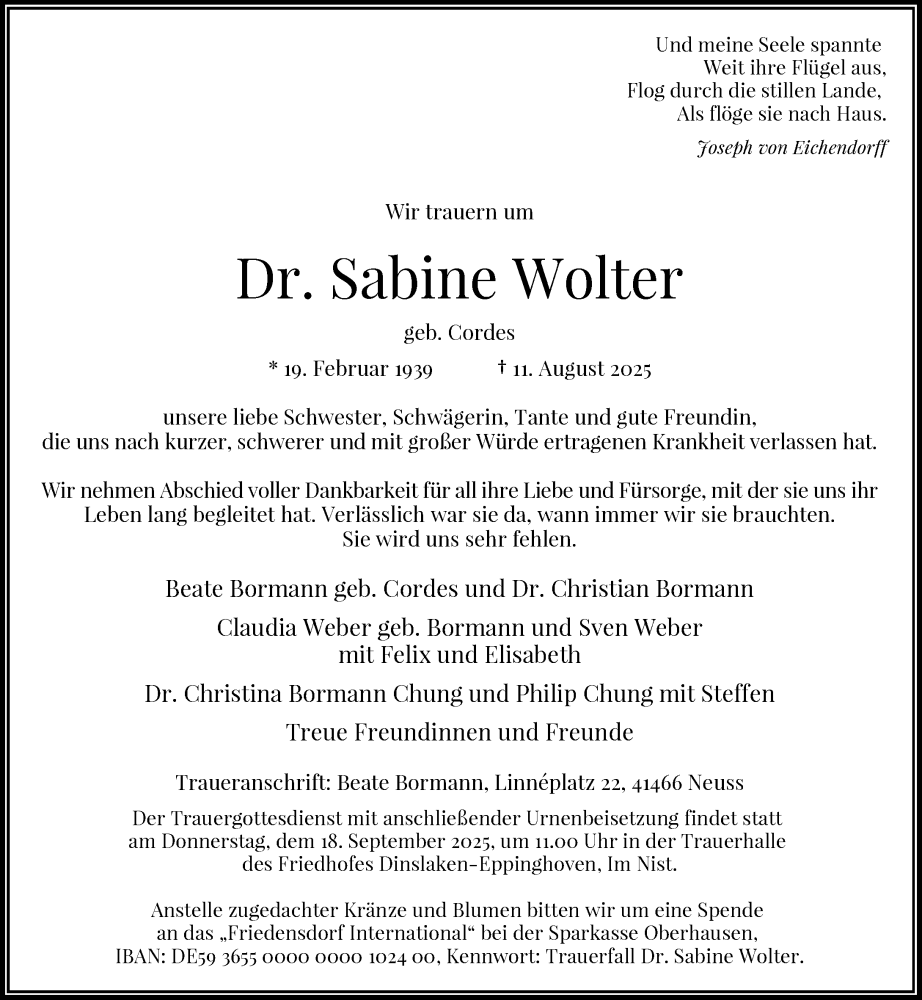  Traueranzeige für Sabine Wolter vom 06.09.2025 aus Rheinische Post