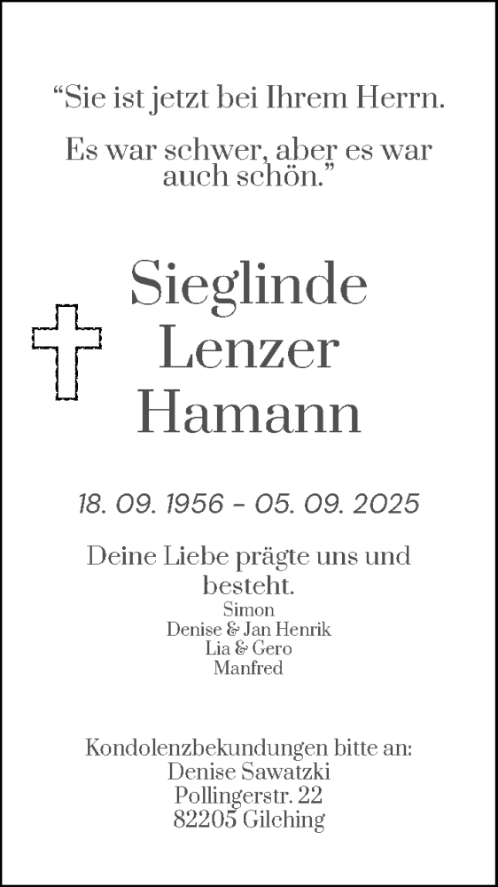  Traueranzeige für Sieglinde Lenzer Hamann vom 20.09.2025 aus Rheinische Post
