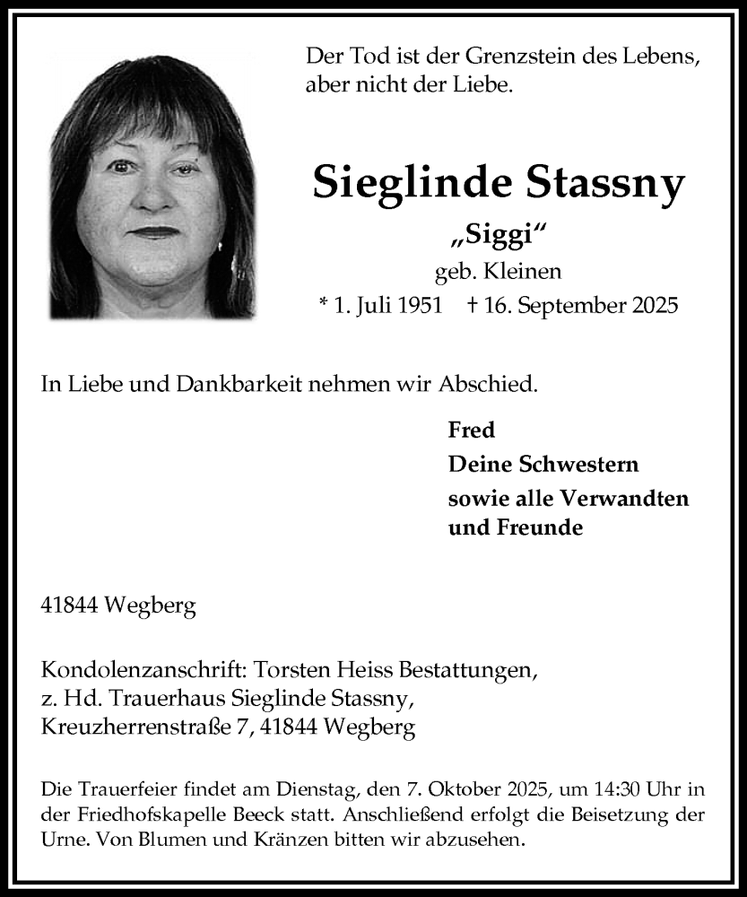  Traueranzeige für Sieglinde Stassny vom 27.09.2025 aus Rheinische Post