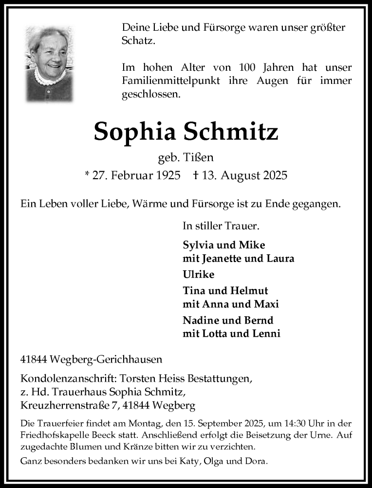  Traueranzeige für Sophia Schmitz vom 06.09.2025 aus Rheinische Post