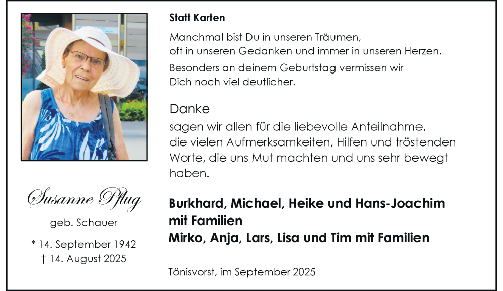  Traueranzeige für Susanne Pflug vom 13.09.2025 aus Rheinische Post