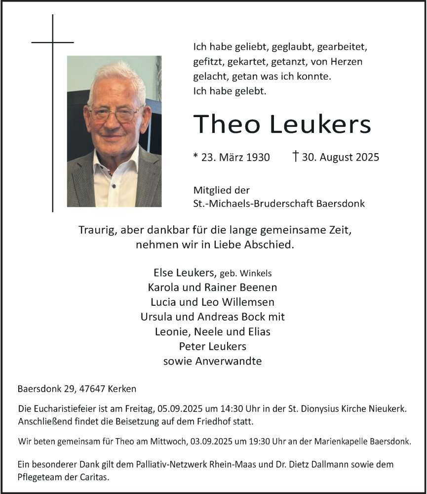  Traueranzeige für Theo Leukers vom 02.09.2025 aus Rheinische Post