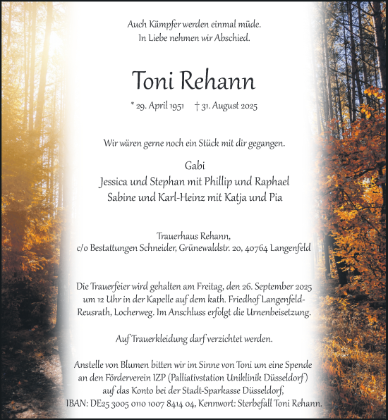 Traueranzeige von Toni Rehann von Rheinische Post