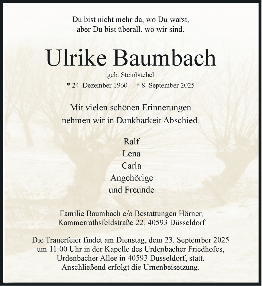 Traueranzeige für Ulrike Baumbach vom 13.09.2025 aus Rheinische Post