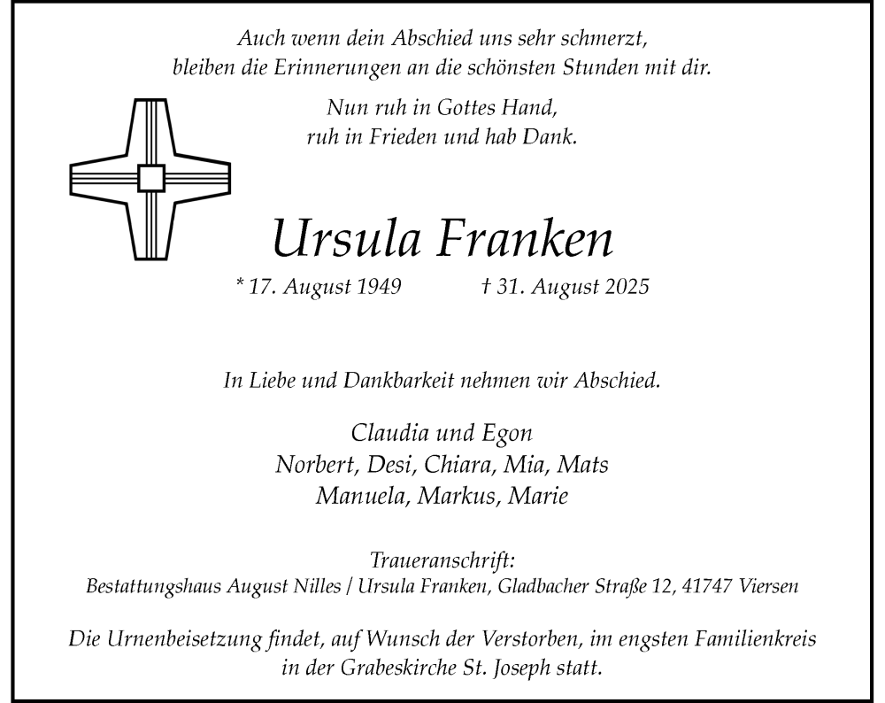  Traueranzeige für Ursula Franken vom 13.09.2025 aus Rheinische Post