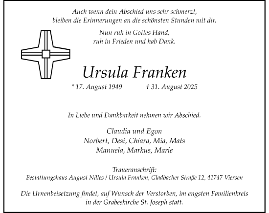 Traueranzeige von Ursula Franken von Rheinische Post