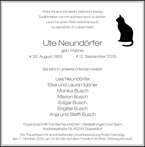Traueranzeige von Ute Neundörfer von Rheinische Post