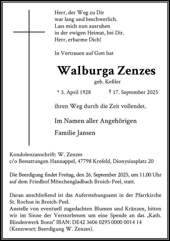  Traueranzeige für Walburga Zenzes vom 20.09.2025 aus Rheinische Post