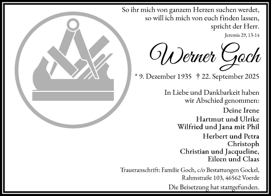 Traueranzeige von Werner Goch von Rheinische Post
