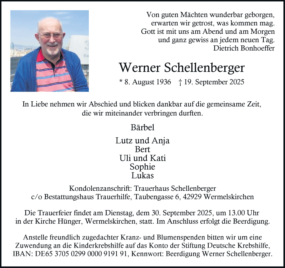  Traueranzeige für Werner Schellenberger vom 27.09.2025 aus Rheinische Post