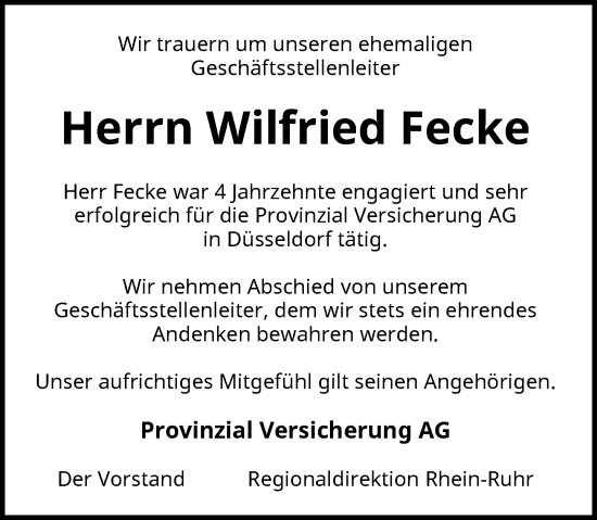 Traueranzeige von Wilfried Fecke von Rheinische Post