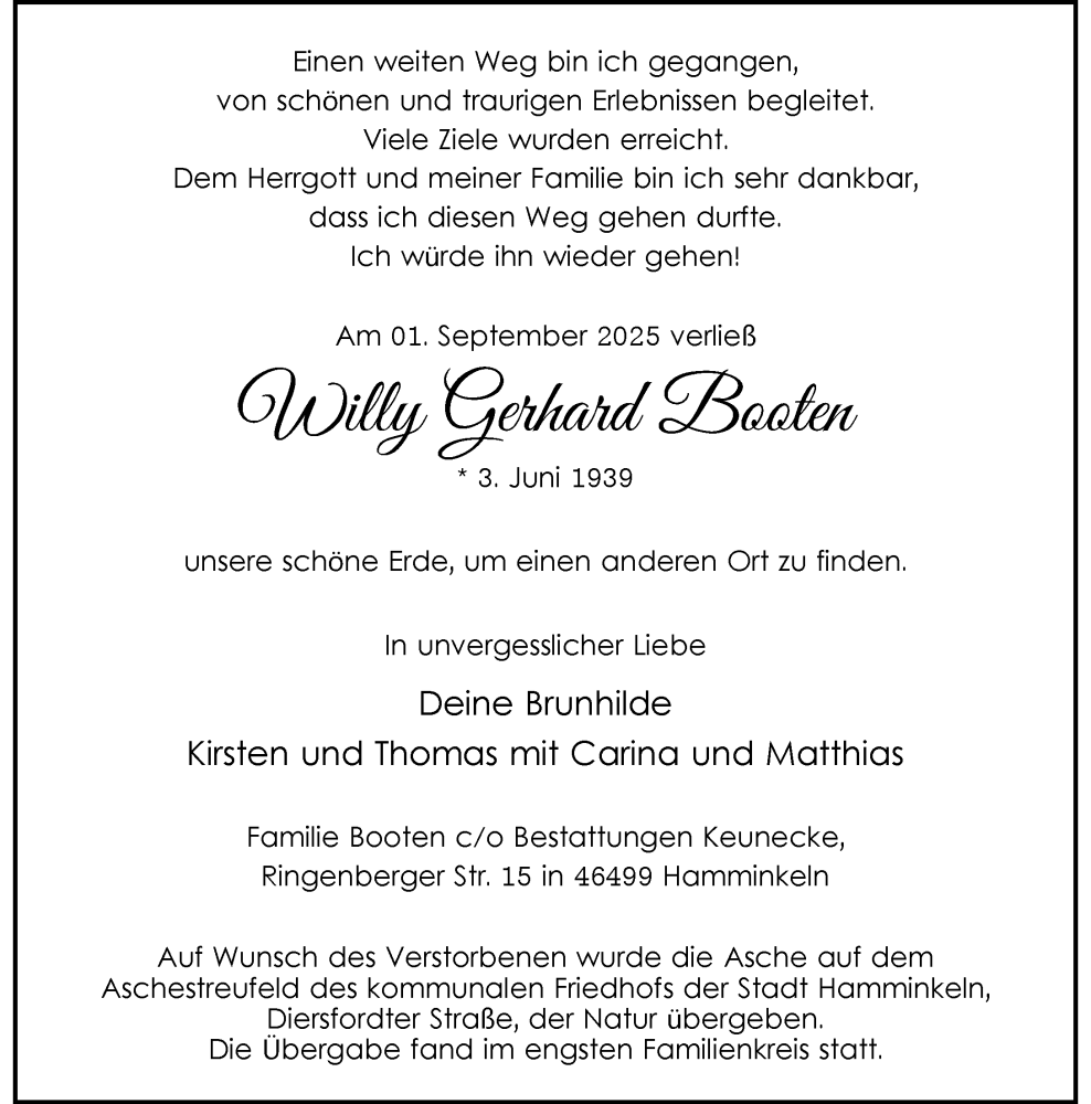  Traueranzeige für Willy Gerhard Booten vom 20.09.2025 aus Rheinische Post