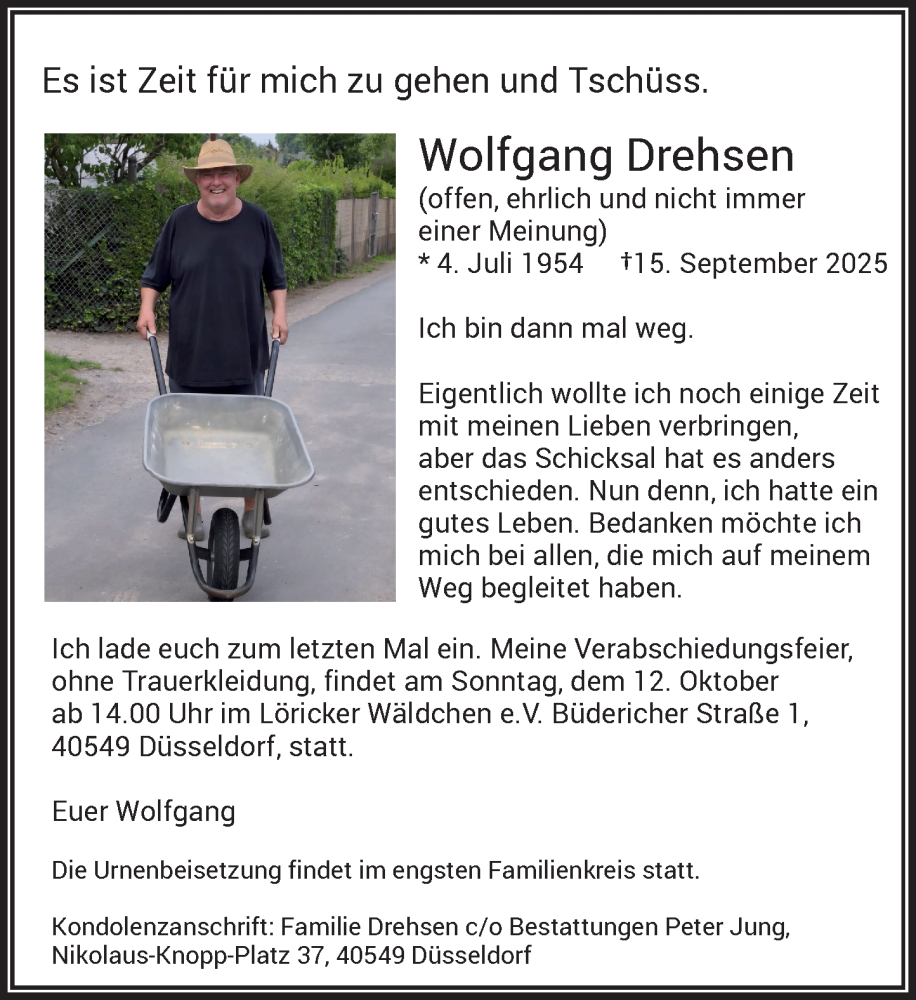  Traueranzeige für Wolfgang Drehsen vom 27.09.2025 aus Rheinische Post