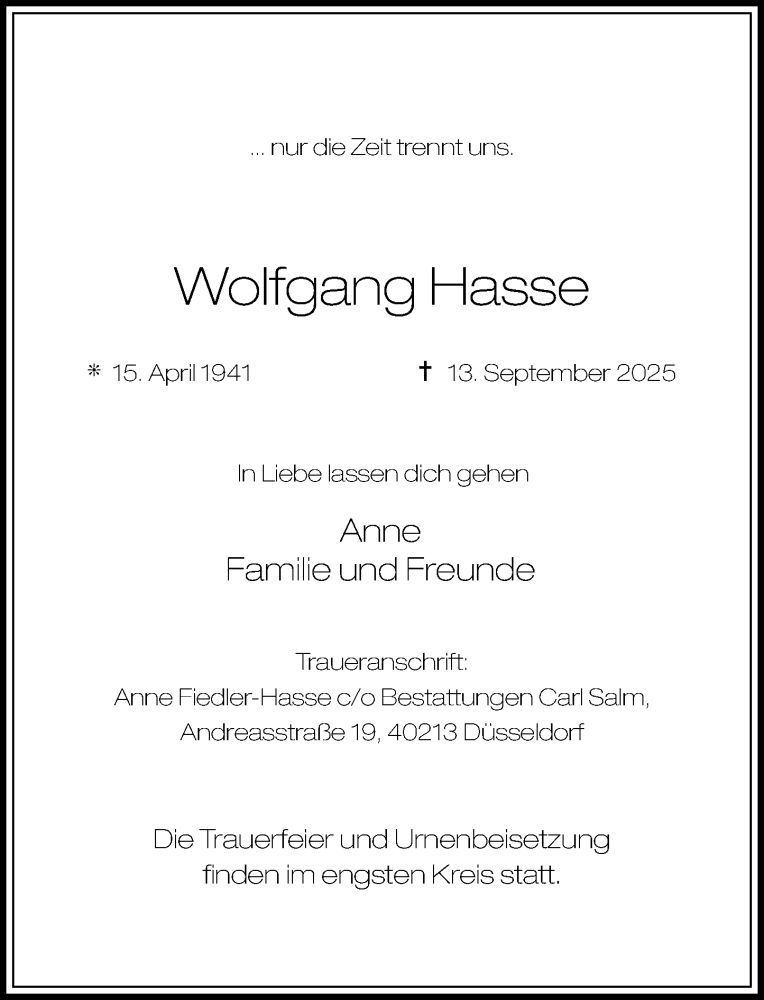  Traueranzeige für Wolfgang Hasse vom 27.09.2025 aus Rheinische Post