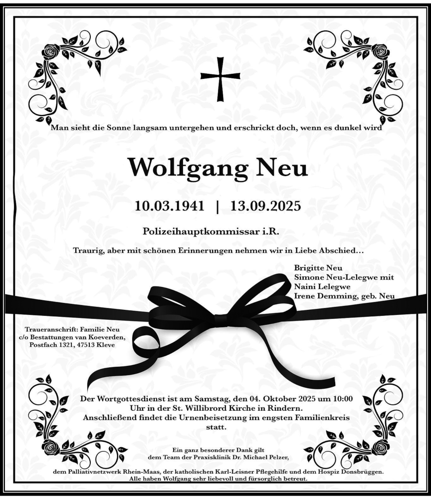  Traueranzeige für Wolfgang Neu vom 25.09.2025 aus Rheinische Post