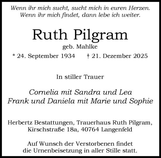 Traueranzeige von Ruth Pilgram von Rheinische Post