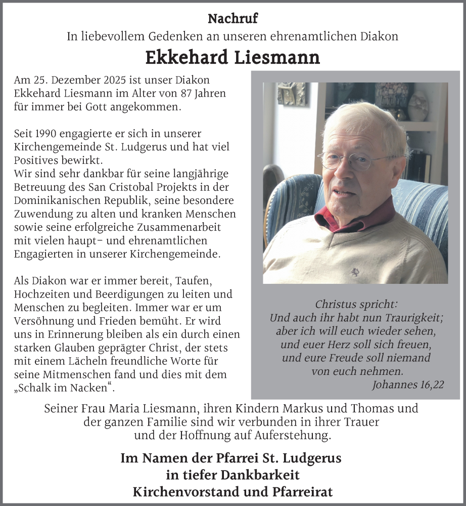  Traueranzeige für Ekkehard Liesmann vom 06.01.2026 aus Rheinische Post