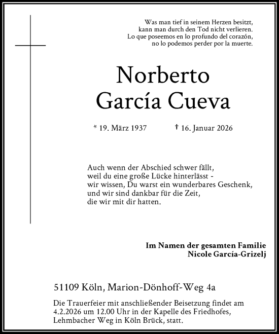 Traueranzeige von Norberto Garcia Cueva von Rheinische Post