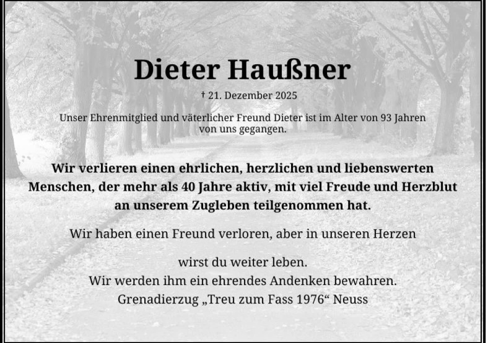  Traueranzeige für Dieter Haußner vom 10.01.2026 aus Rheinische Post