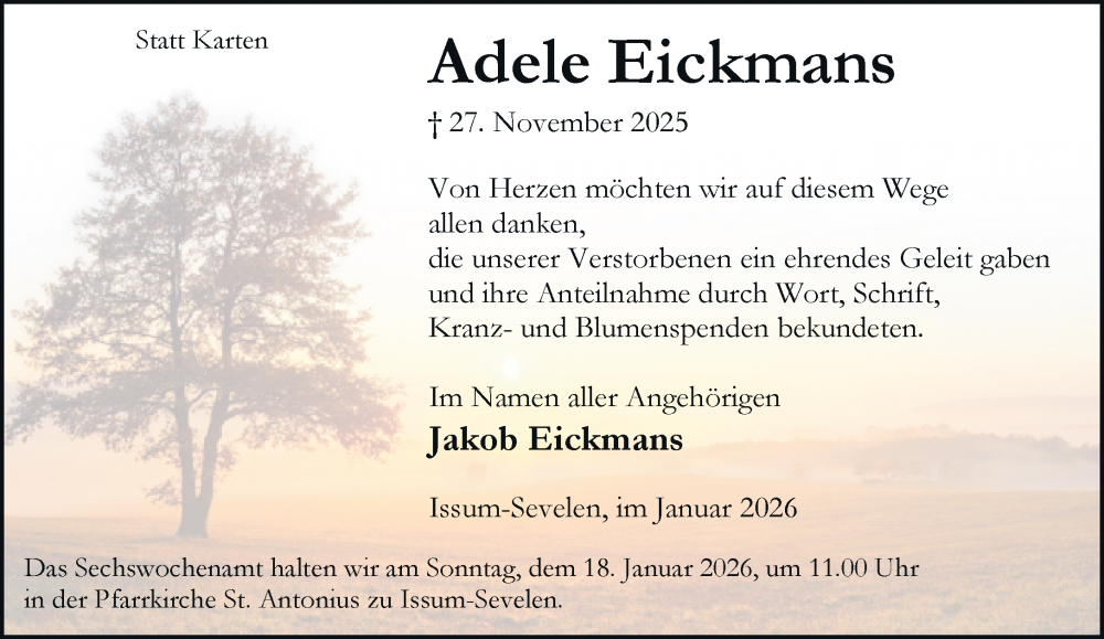  Traueranzeige für Adele Eickmans vom 10.01.2026 aus Rheinische Post