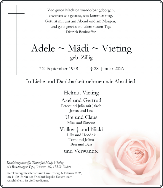 Traueranzeige von Adele Vieting von Rheinische Post