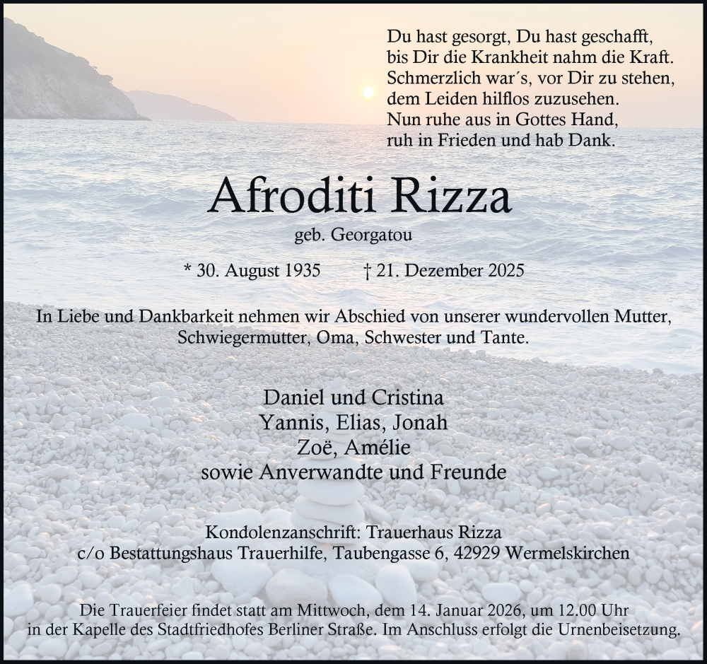  Traueranzeige für Afroditi Rizza vom 03.01.2026 aus Rheinische Post