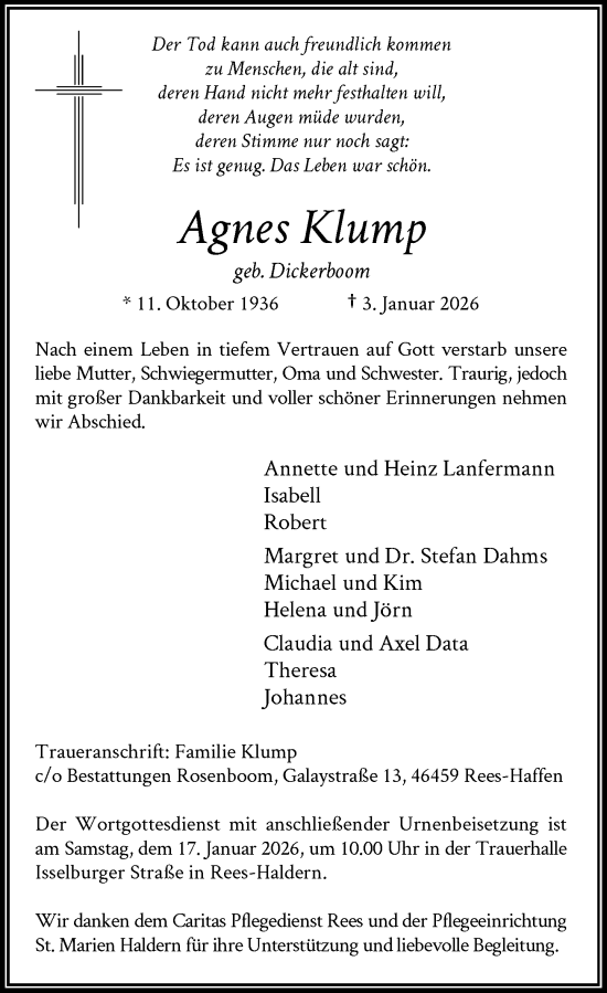 Traueranzeige von Agnes Klump von Rheinische Post