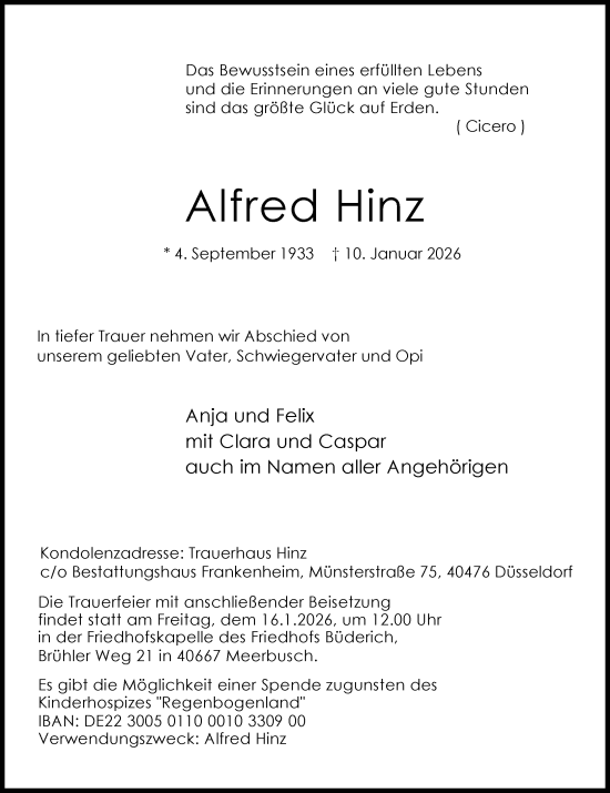Traueranzeige von Alfred Hinz von Rheinische Post