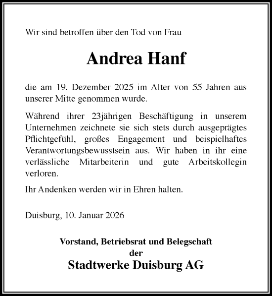 Traueranzeige von Andrea Hanf von Rheinische Post