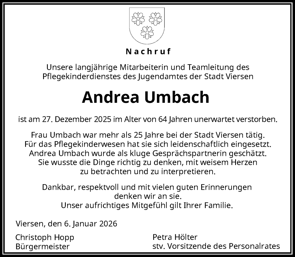 Traueranzeige für Andrea Umbach vom 10.01.2026 aus Rheinische Post