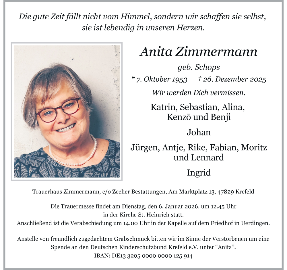  Traueranzeige für Anita Zimmermann vom 03.01.2026 aus Rheinische Post